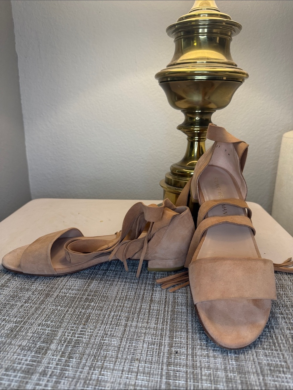 Stuart Weitzman Tan Suede Ankle-Tie Flat Sandals